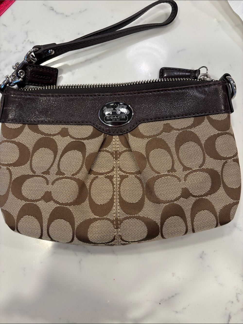 COACH Brown Signature Jacard  Wristlet with Dark Brown Leather Trim